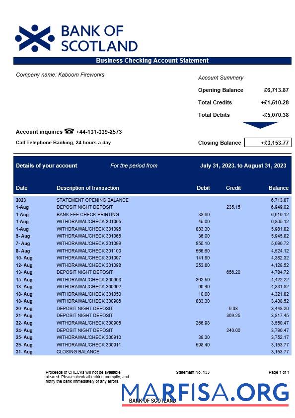 Realistic Bank of Scotland corporate checking account statement Word and PDF template